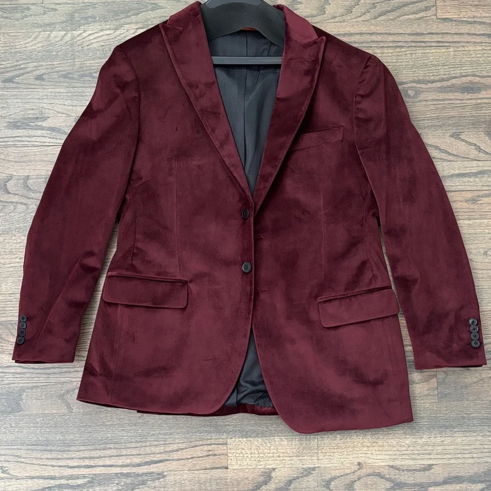 Burgundy Velvet Notch Lapel Sport Coat Blazer